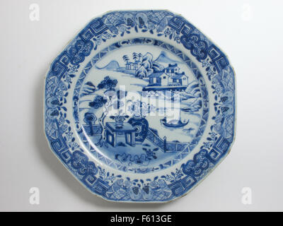 Antique 18th century Chinese blue and white porcelain plate painted with a pagoda landscape. The plate measures 16.5cm dia Stock Photo