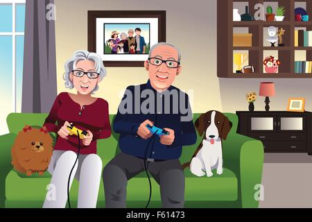 A vector illustration of elderly couple playing games at home Stock Vector