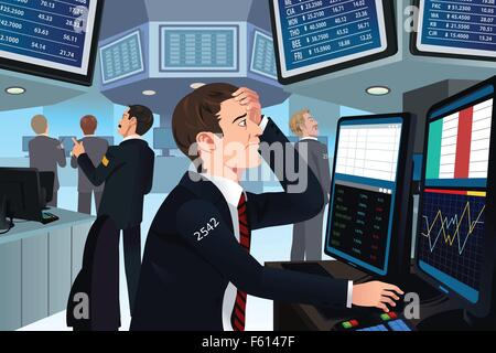 A vector illustration of stock trader in stress looking at the computer Stock Vector