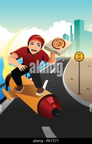 A vector illustration of pizza delivery guy using small rocket to deliver the pizza Stock Vector