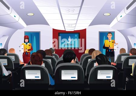 A vector illustration of flight attendant showing safety procedure to passengers Stock Vector