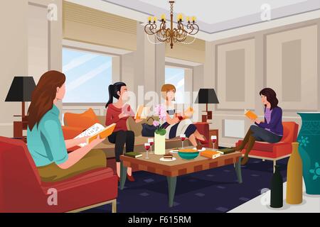 A vector illustration of  group of women in a book club meeting Stock Vector