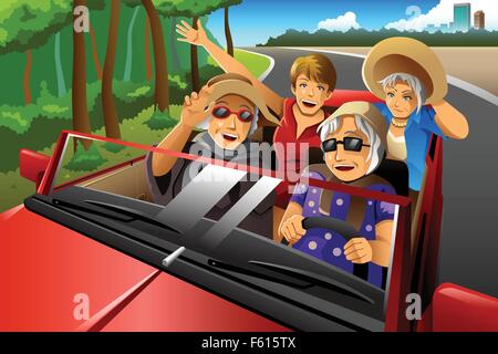A vector illustration of happy stylish elderly women riding a car on a road trip Stock Vector
