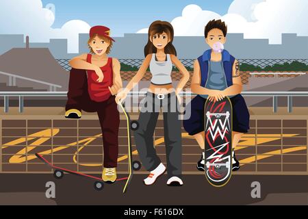 A vector illustration of young people hanging out outside with skateboard Stock Vector