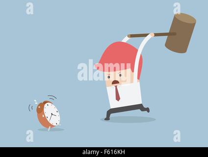 Businessman is trying to smash alarm clock by using big hammer, VECTOR, EPS10 Stock Vector