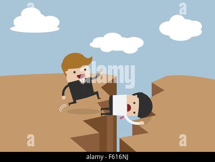 Businessman use himself as bridge, Sacrifice himself for others to across the cliff Stock Vector