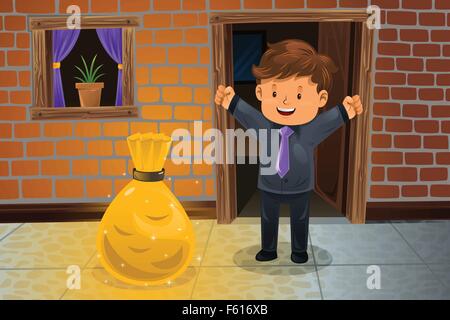 A vector illustration of happy man finding a bag of money in front his house Stock Vector