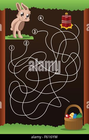 A vector illustration of maze game of help the rabbit to find a way to get the Easter egg Stock Vector