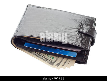 Black leather wallet with cards and money. Isolated on white Stock Photo
