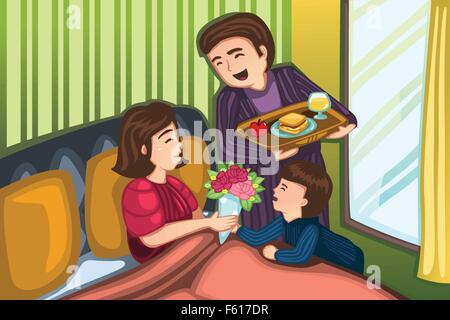 A vector illustration of father and son serving breakfast in bed for Mother for mothers day concept Stock Vector