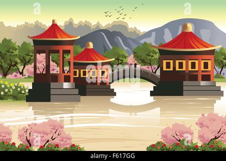 A vector illustration of background of Chinese temples Stock Vector