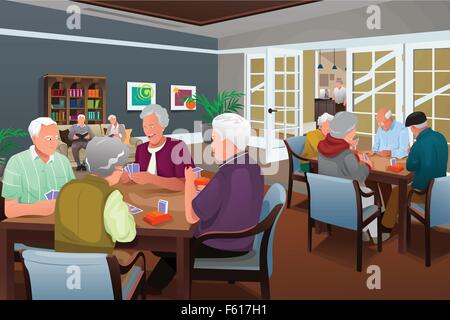 A vector illustration of elderly people playing cards in a retirement center Stock Vector