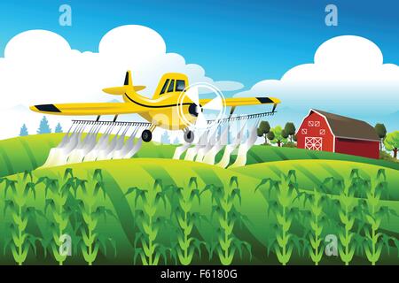 A vector illustration of crop duster flying over a field spraying pesticide Stock Vector