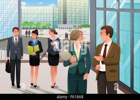 A vector illustration of business people walking and talking outside their office Stock Vector