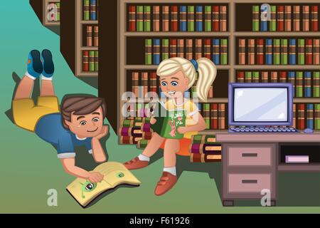 A vector illustration of happy kids reading books in the library Stock Vector