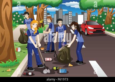 A vector illustration of kids volunteering by cleaning up the road Stock Vector