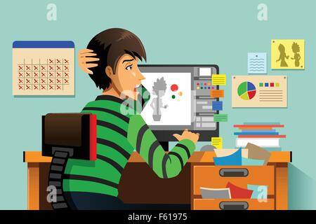 A vector illustration of a a graphic designer working on his computer Stock Vector
