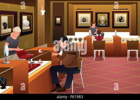 A vector illustration of man shopping for a wedding ring in a jewelry store Stock Vector