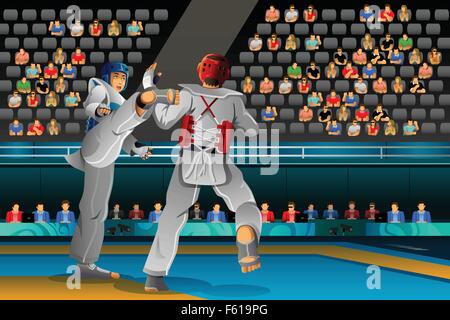 A vector illustration of Men competing in a Taekwondo competition for sport competition series Stock Vector