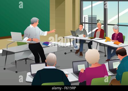 A vector illustration of adult in a college classroom with professor teaching Stock Vector