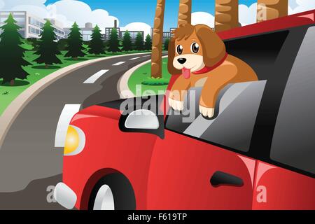 A vector illustration of dog sticking his face out of the car window Stock Vector