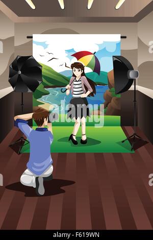 A vector illustration of photographer taking pictures of a model in a studio Stock Vector