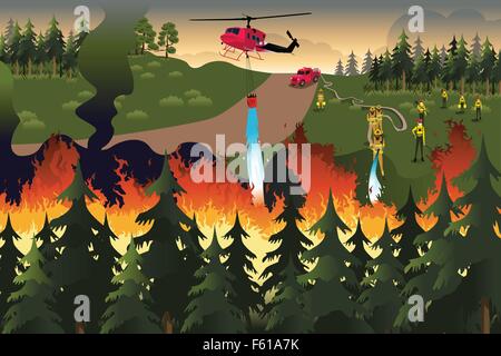 A vector illustration of firefighters trying to put out fires in the forest Stock Vector