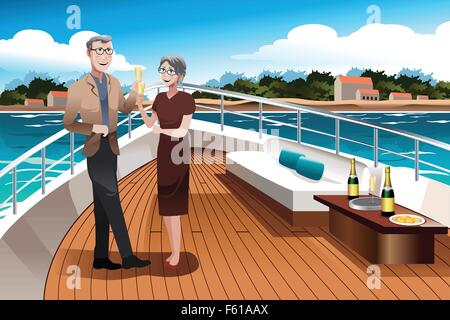 A vector illustration of romantic retired couple drinking champagne on a yacht Stock Vector