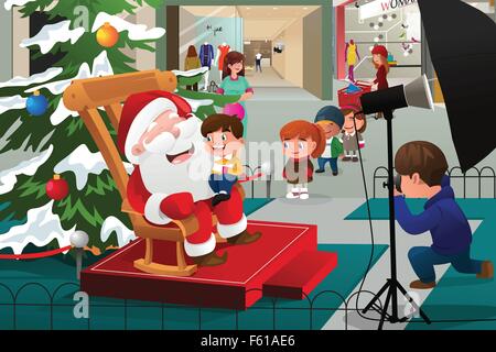 A vector illustration of kids lining up in the mall waiting to take pictures with Santa Claus Stock Vector