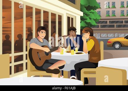 A vector illustration of young men playing music in cafe together Stock Vector
