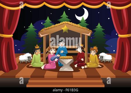 A vector illustration of kids playing in Christmas drama Stock Vector