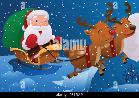 A vector illustration of Santa Claus riding the sleigh pulled by reindeers in the middle of winter night Stock Vector