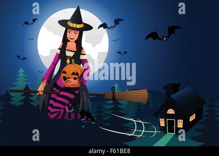 Witch riding a broom in front of haunted house in the woods ...