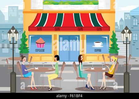 A vector illustration of modern young people hanging out outside a cafe in the city Stock Vector