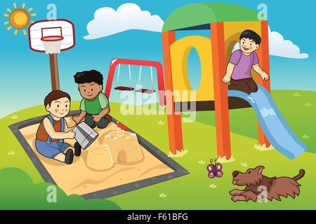 A vector illustration of happy kids playing in the playground Stock Vector