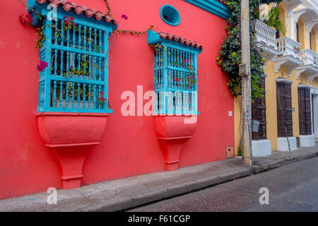 Beautiful house facades in the streets of Cartagena, Colombia