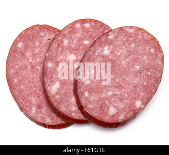 Salami smoked sausage slices with spice chili peppers isolated on white ...