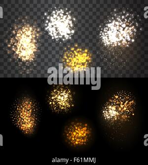 Festive set firework bursting various shapes sparkling Stock Vector
