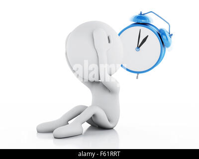 3d renderer image. Stressed white people with alarm clock on white background Stock Photo