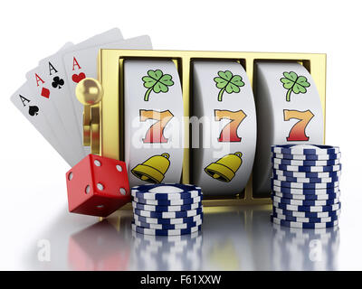 3d renderer illustration. Slot machine with dice, cards and chips. Casino concept. Isolated white background Stock Photo