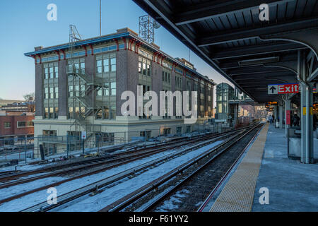 Platforms and the LIRR headquarters building at the Jamaica station of the Long Island Rail Road in Jamaica, New York. Stock Photo