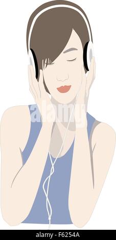 The happy young girl listening to the music