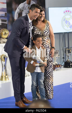 Cristiano Ronaldo attends a ceremony for becoming Real Madrid's all-time leading scorer at the Santiago Bernabeu stadium  Featuring: Cristiano Ronaldo, Cristiano Ronaldo Jr, Maria Dolores dos Santos Aveiro Where: Madrid, Spain When: 02 Oct 2015 Stock Photo