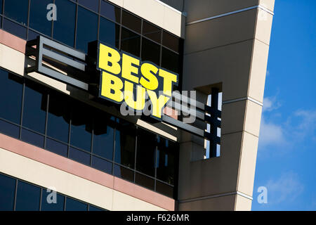 A logo sign outside of the headquarters of Best Buy Co., Inc. in Richfield, Minnesota on October 24, 2015. Stock Photo