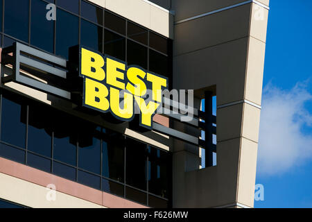 A logo sign outside of the headquarters of Best Buy Co., Inc. in Richfield, Minnesota on October 24, 2015. Stock Photo