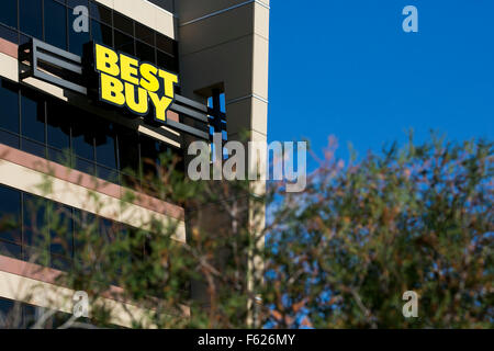 A logo sign outside of the headquarters of Best Buy Co., Inc. in Richfield, Minnesota on October 24, 2015. Stock Photo