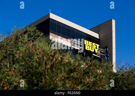 A logo sign outside of the headquarters of Best Buy Co., Inc. in Richfield, Minnesota on October 24, 2015. Stock Photo