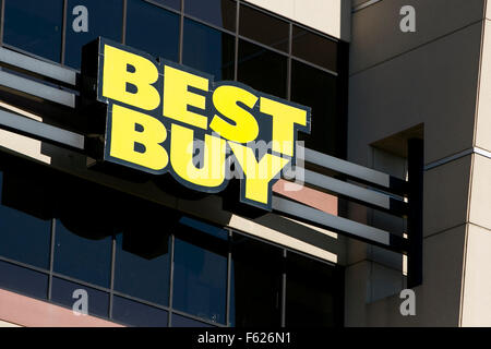 A logo sign outside of the headquarters of Best Buy Co., Inc. in Richfield, Minnesota on October 24, 2015. Stock Photo