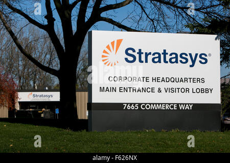 A logo sign outside of the headquarters of Stratasys Ltd., in Eden Prairie, Minnesota on October 24, 2015. Stock Photo