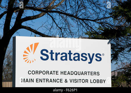 A logo sign outside of the headquarters of Stratasys Ltd., in Eden Prairie, Minnesota on October 24, 2015. Stock Photo